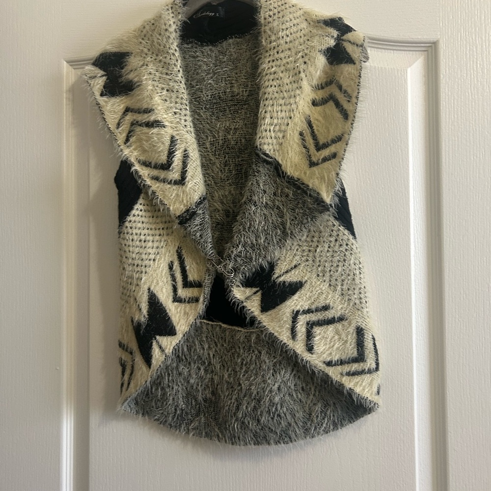Cozy Neutral Aztec Pattern Open Front Sweater Vest